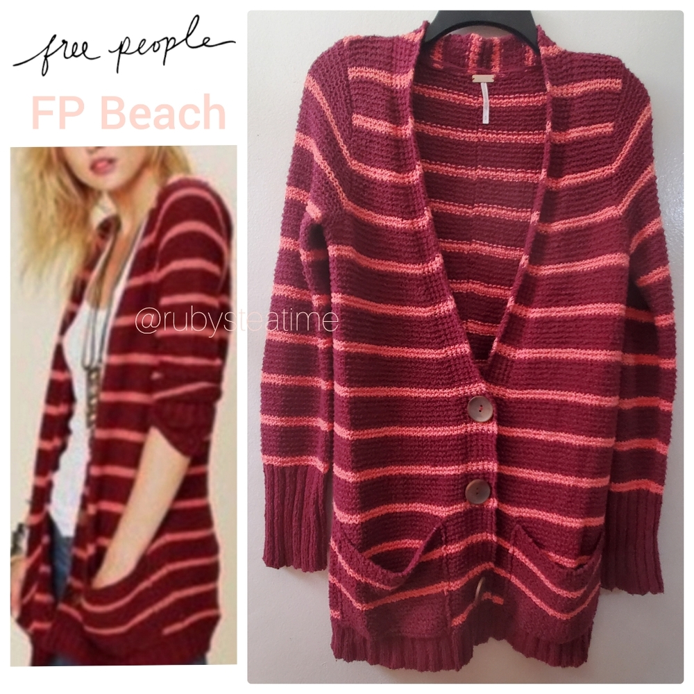 FREE PEOPLE BEACH - Long Cardigan, Stripe, Open Knit, Large Buttons